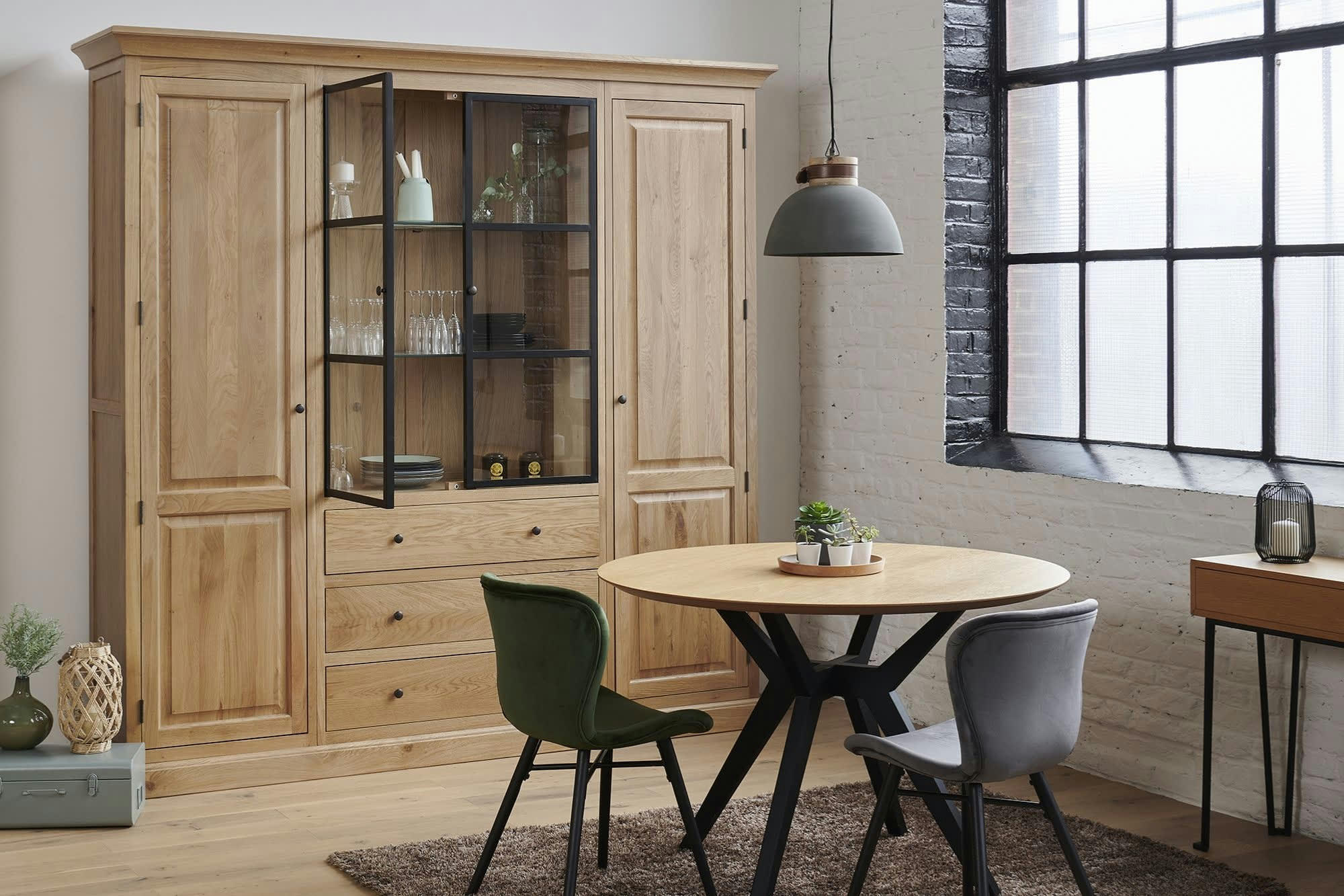 VICTORIA - Buffet vaisselier en chêne et métal 4 portes 3 tiroirs avec éclairage