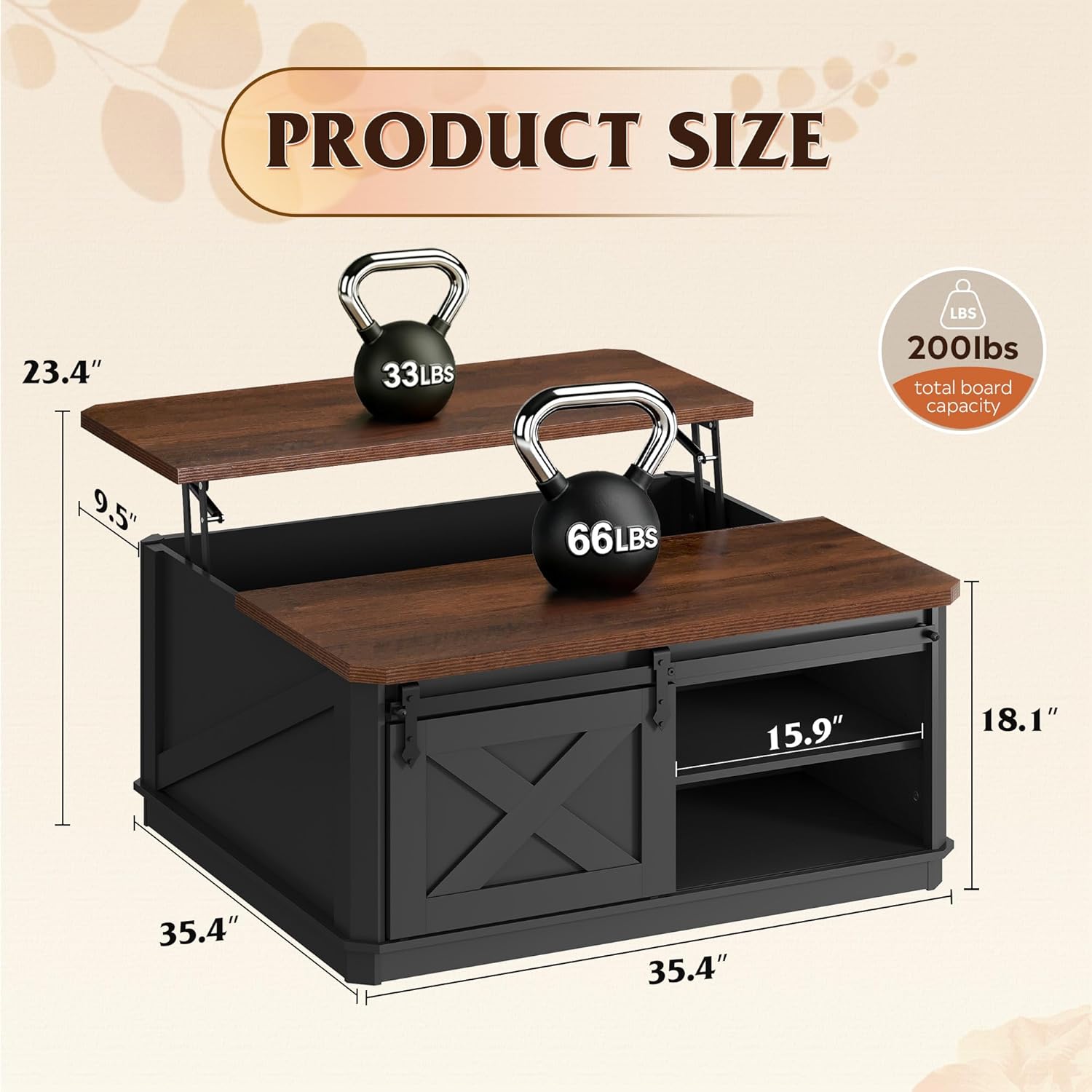 WLIVE Framhouse Coffee Table with Storage, 35.5 Lift Top Coffee Table for Living Room, Square Center Table, Rustic Cocktail Table with Sliding Barn Doors, Curevd Base, Black
