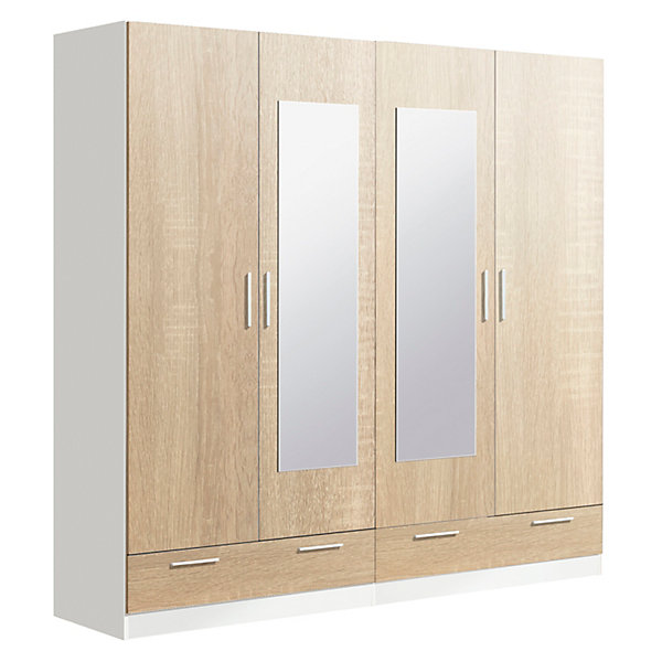 Armoire / placard de rangement de 4 portes avec miroirs   2 tiroirs coloris Blanc / Chêne Cambrian -L. 202 x P. 51 x H. 200 cm