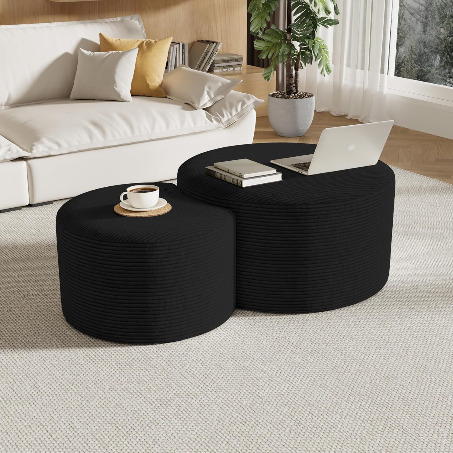 Round Nesting Coffee Table Set of 2,Upholstered Foam Ottoman Footrest Side Table Set,Modern Flannel Circle Coffee Table No Assembly for Living Room Entryway Bedroom,Black
