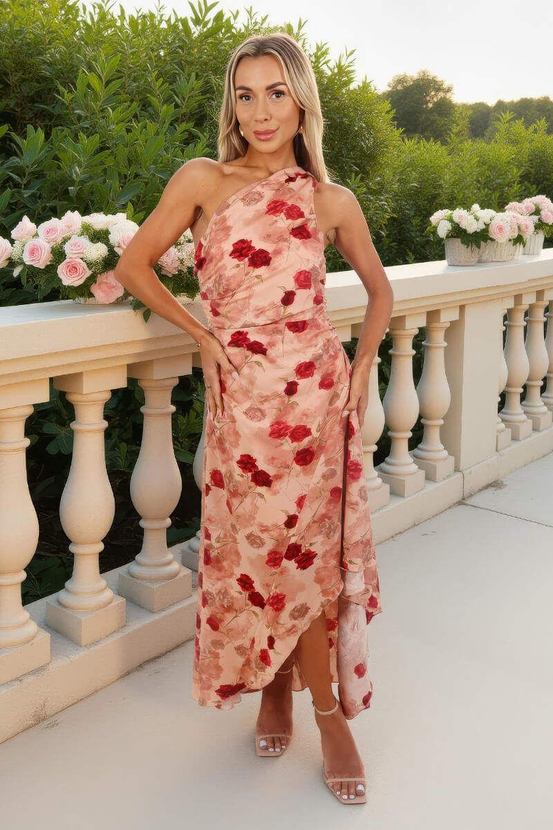 AX Paris Blush Rose Print One Shoulder Dipped Hem Midi Dress