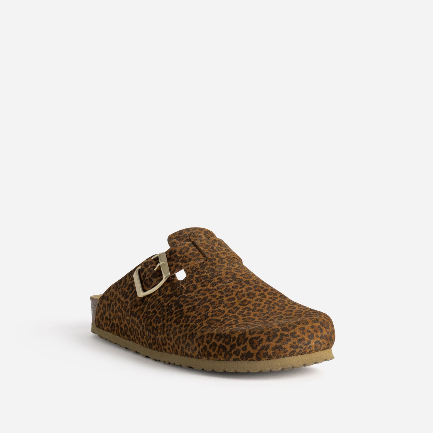 Mule-sabot camel cuir velours motif léopard