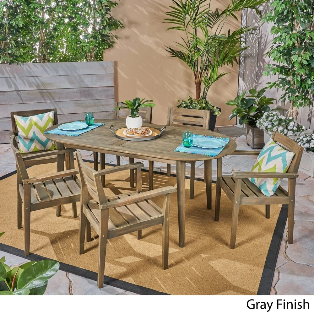 Stamford Outdoor 7-Piece Acacia Wood Dining Set with Oval Table by Christopher Knight Home