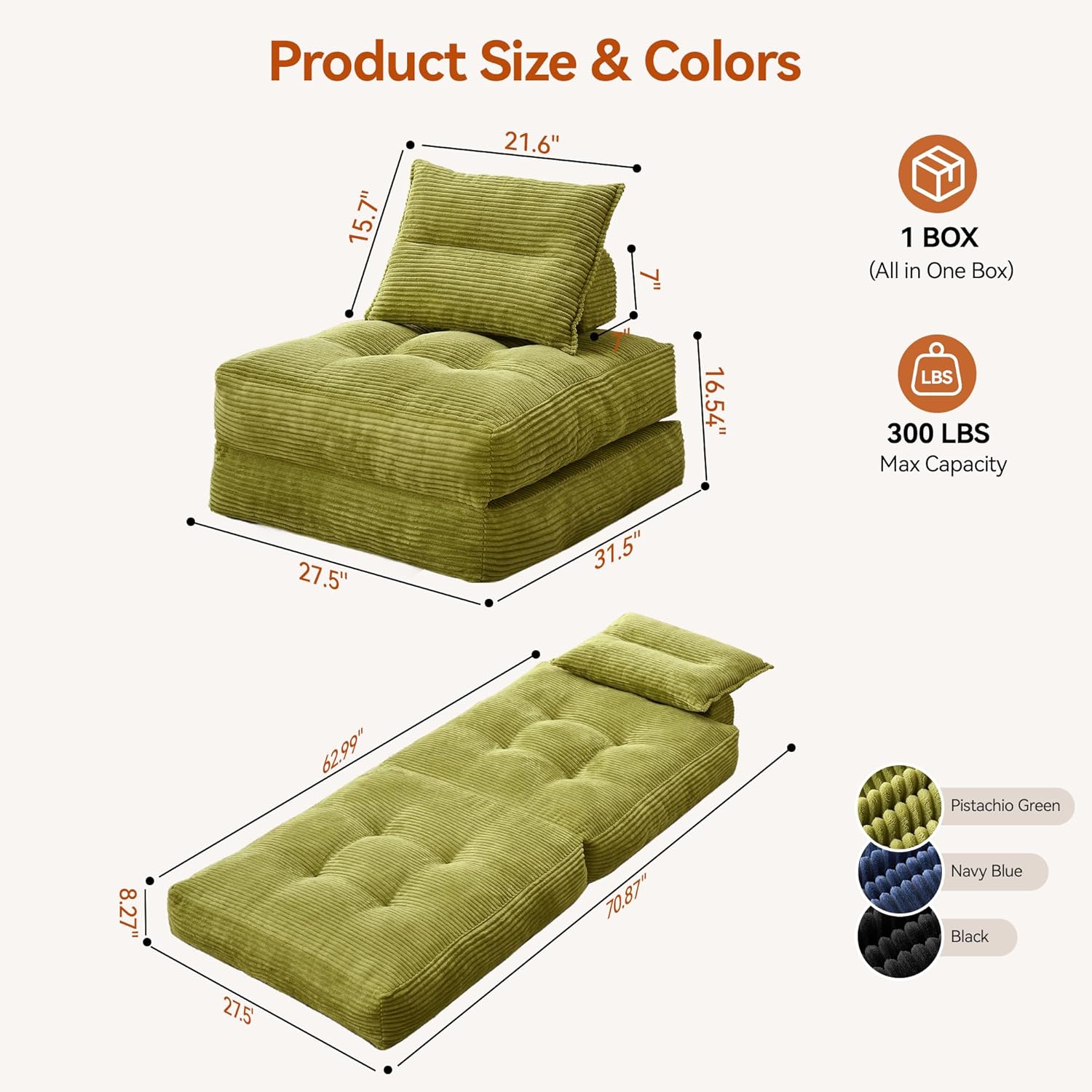 MONVANE Folding Sofa Bed, Fold Out Chair Bed with Pillow, Convertible Sleeper Chair for Living Room/Small Spaces, Foldable Lazy Sofa Bed Floor Chair, Comfy Corduroy Couch Bed, Pistachio Green