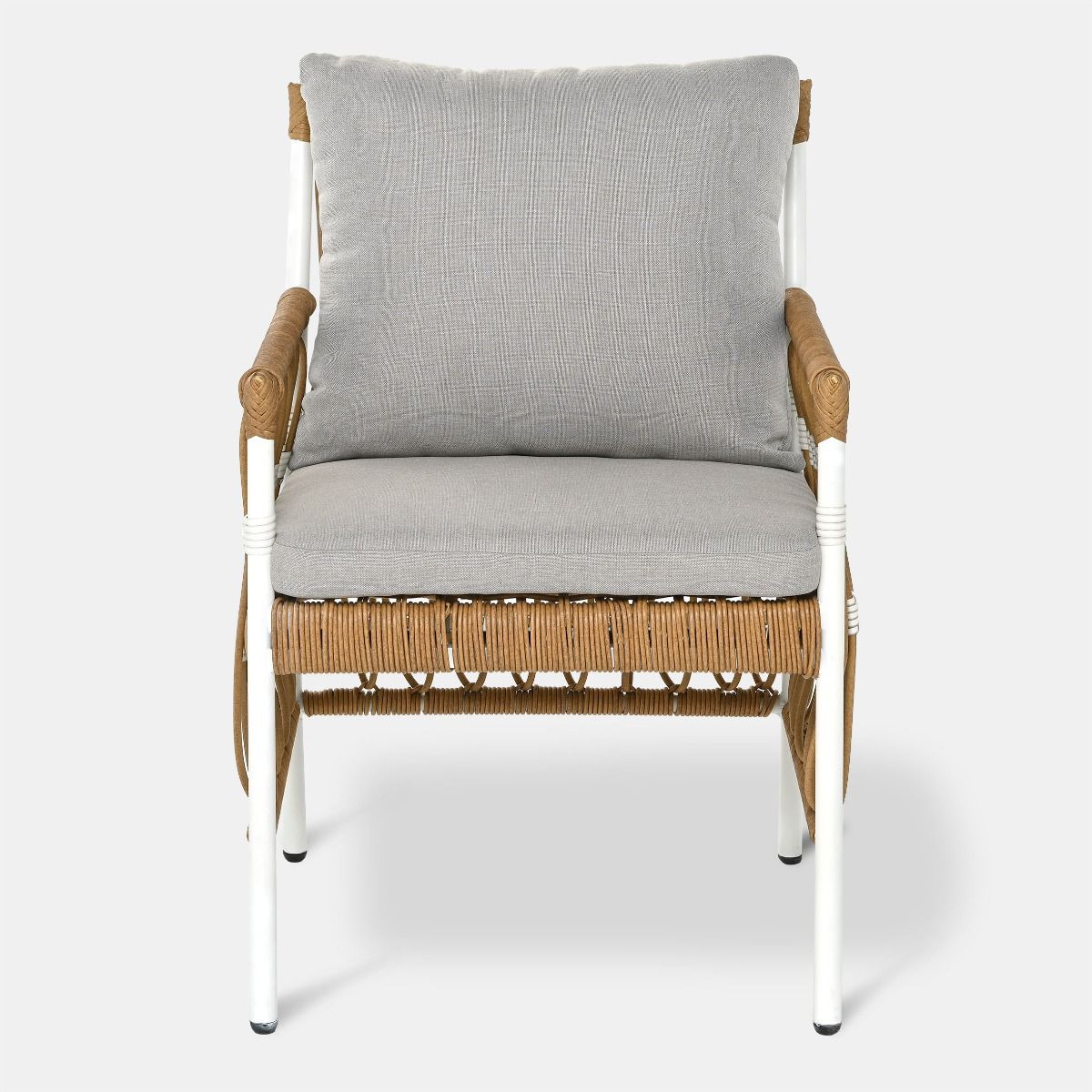 Fotel obiadowy Manihi 55x69x86cm Aluminium Biel, Ekorattan Natural, Tkanina Polyester Szary Beż