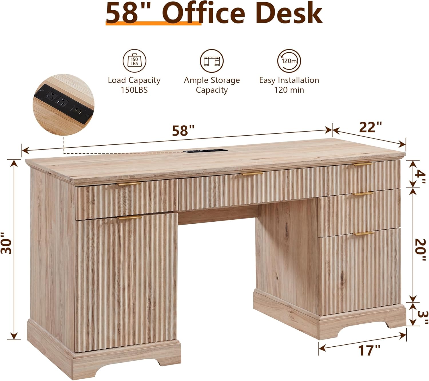 JXQTLINGMU 58 Modern Executive Desk with Storage, Wood Home Office Desk with 5 Drawers & 1 Cabinet, Fluted Computer Writing Desk for Study, Living Room, Bedroom, Oak