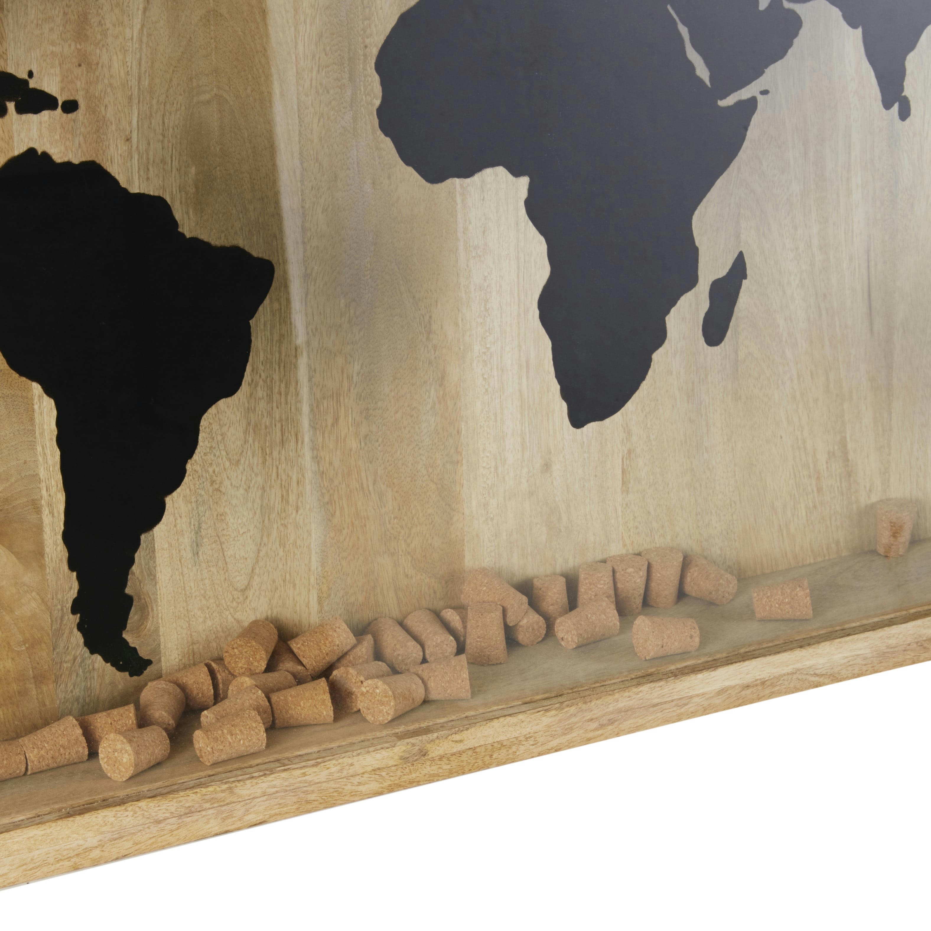 SACHA - Déco murale porte-bouchons en bois de manguier et verre imprimé carte du monde 110x71