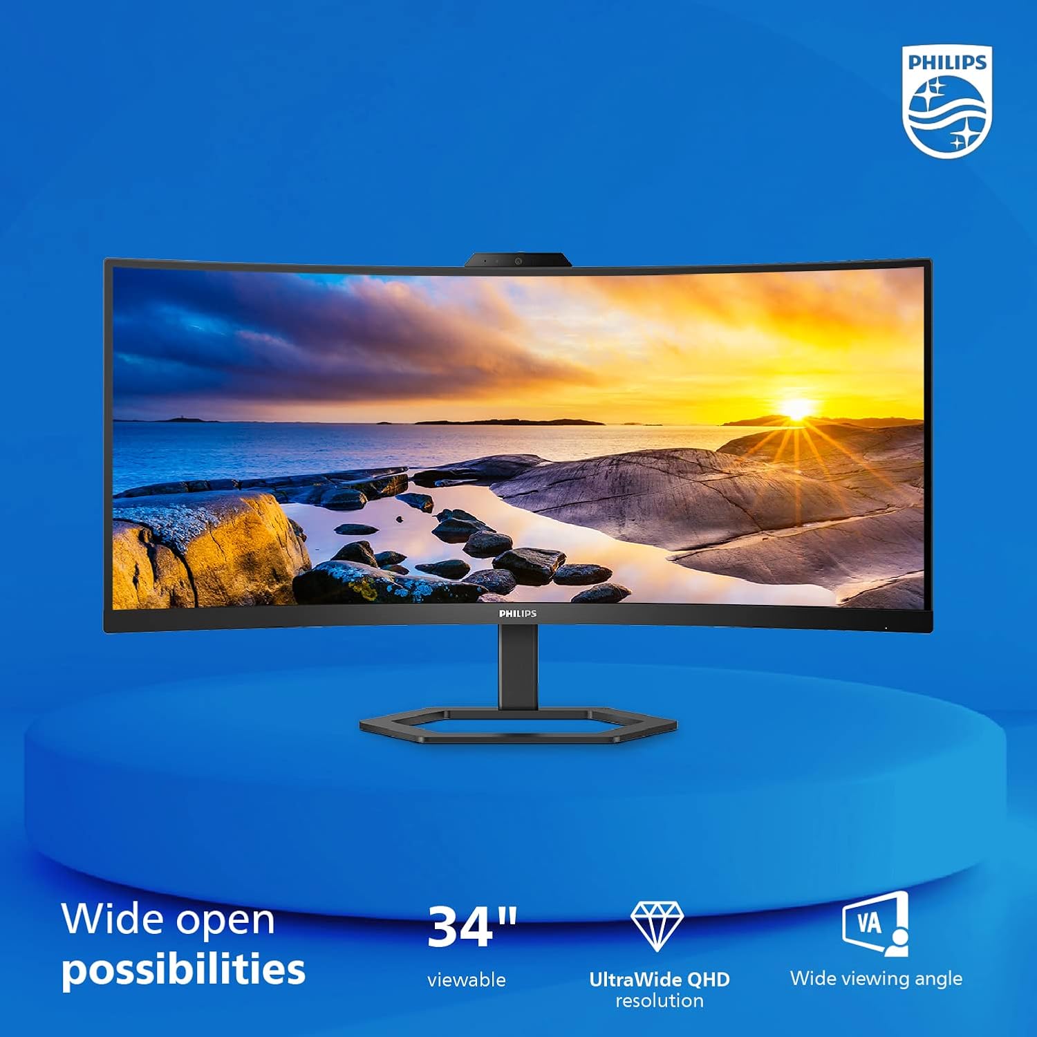 Philips 34E1C5600HE 34 UltraWide QHD 21:9 Monitor with Built-in Windows Hello Webcam & Noise Canceling Mic  USB-C Docking  Stereo Speakers  100Hz  4-Year Advance Replacement Black