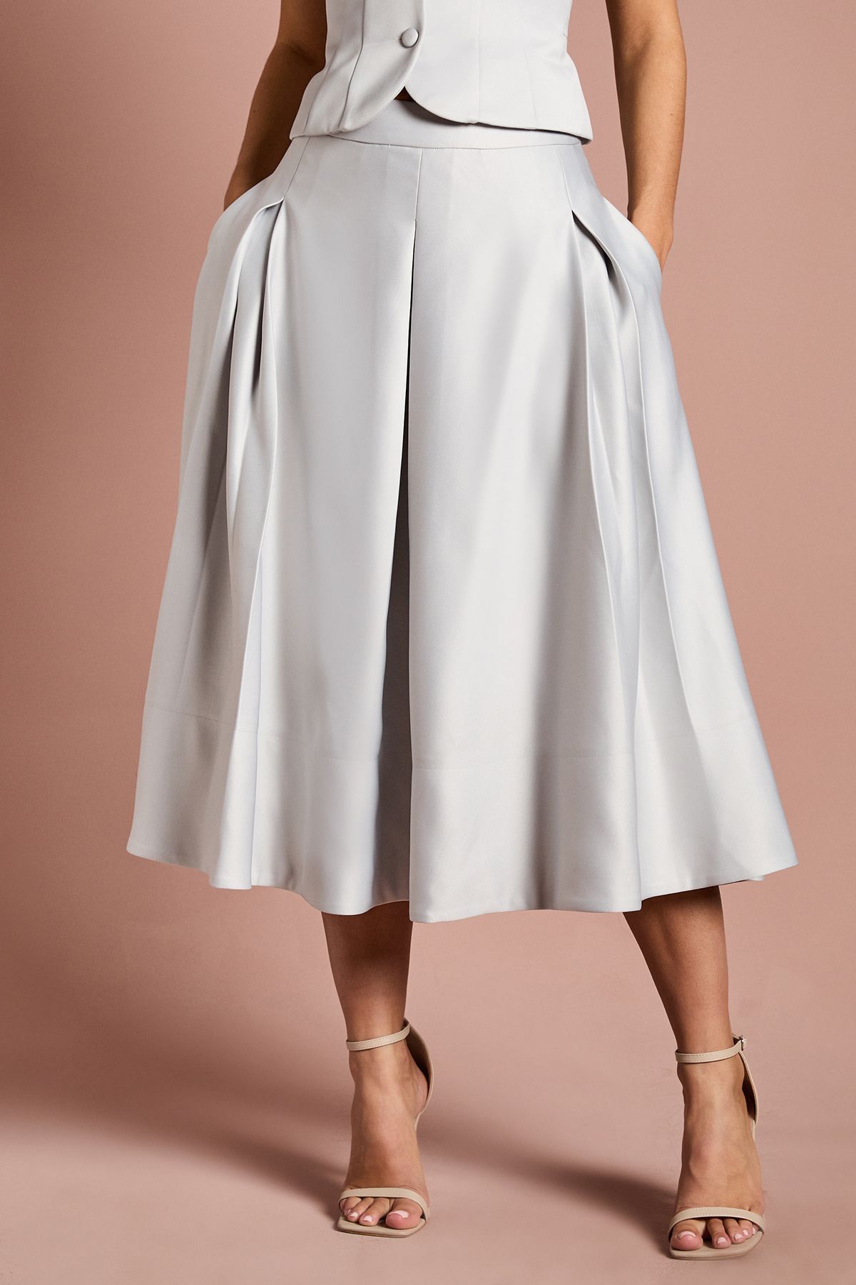 Coast Satin Pleat Front Midi Full Skirt