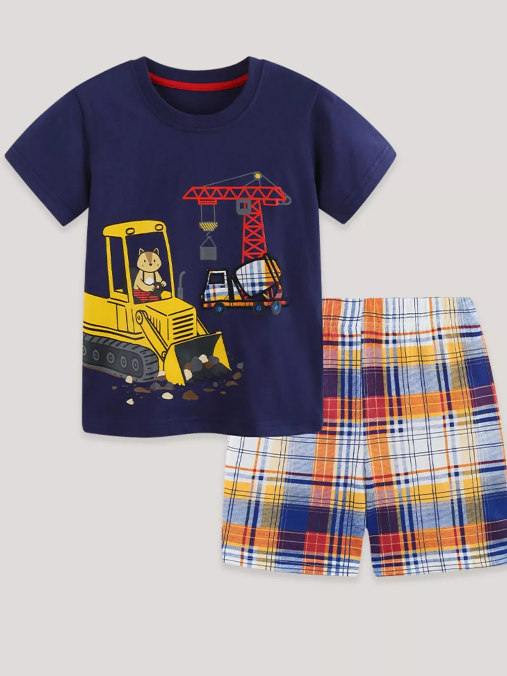 Children's Construction Vehicle Print Tee & Plaid Shorts Set