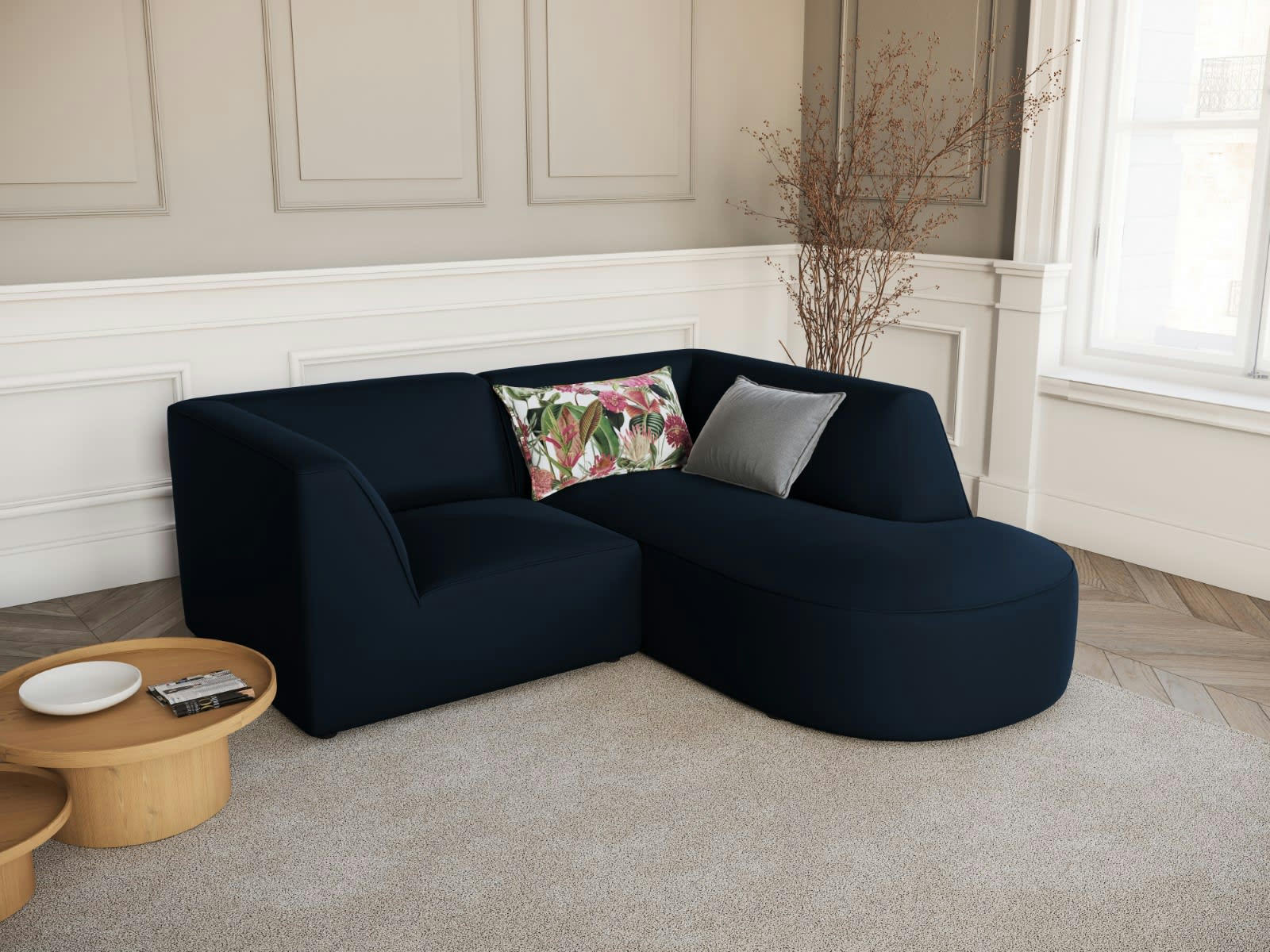 CHARLES - Canapé D'Angle Droit 3 places en Velours Bleu Foncé