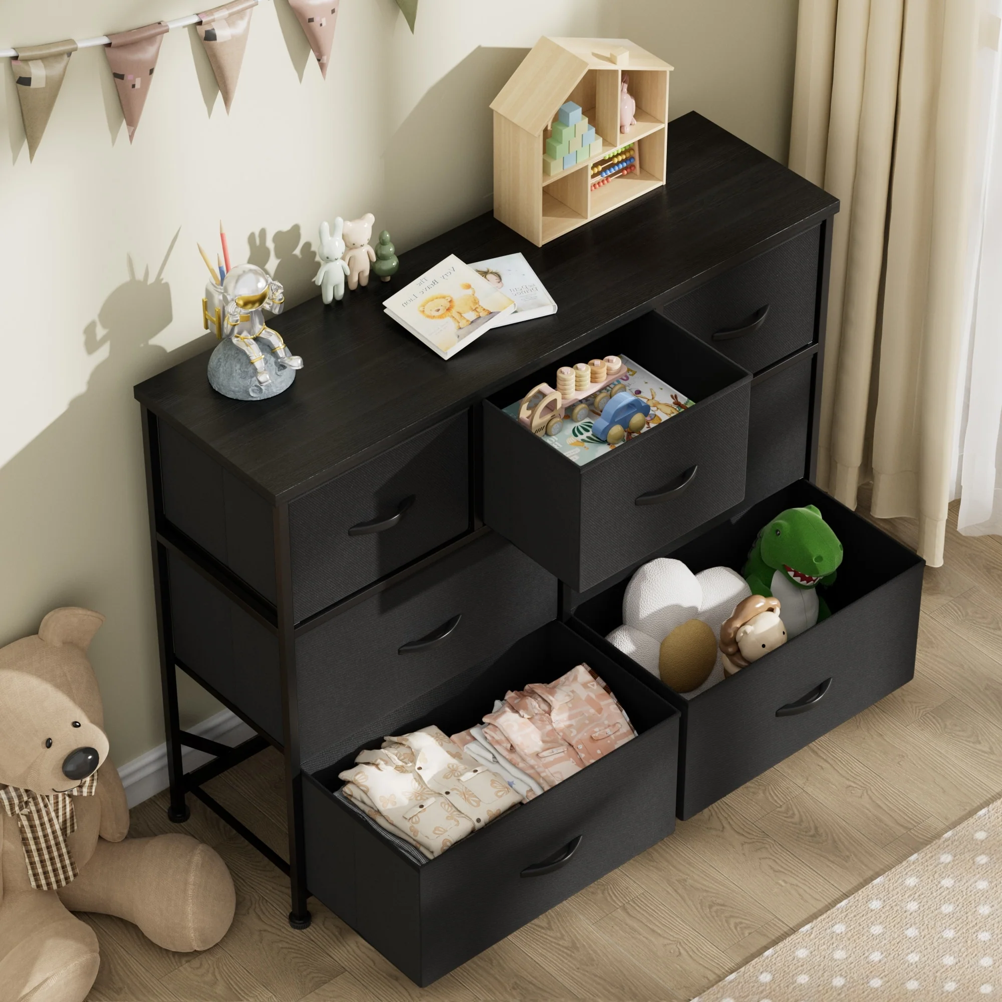 Furniwell 7 Drawer Fabric Dresser Chest of Drawer Cabinet, Black