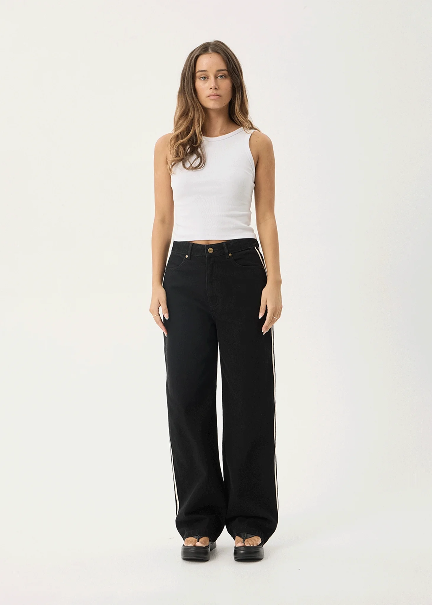AFENDS Womens Bella Stripe - Denim Wide Leg Baggy Jean - Washed Black