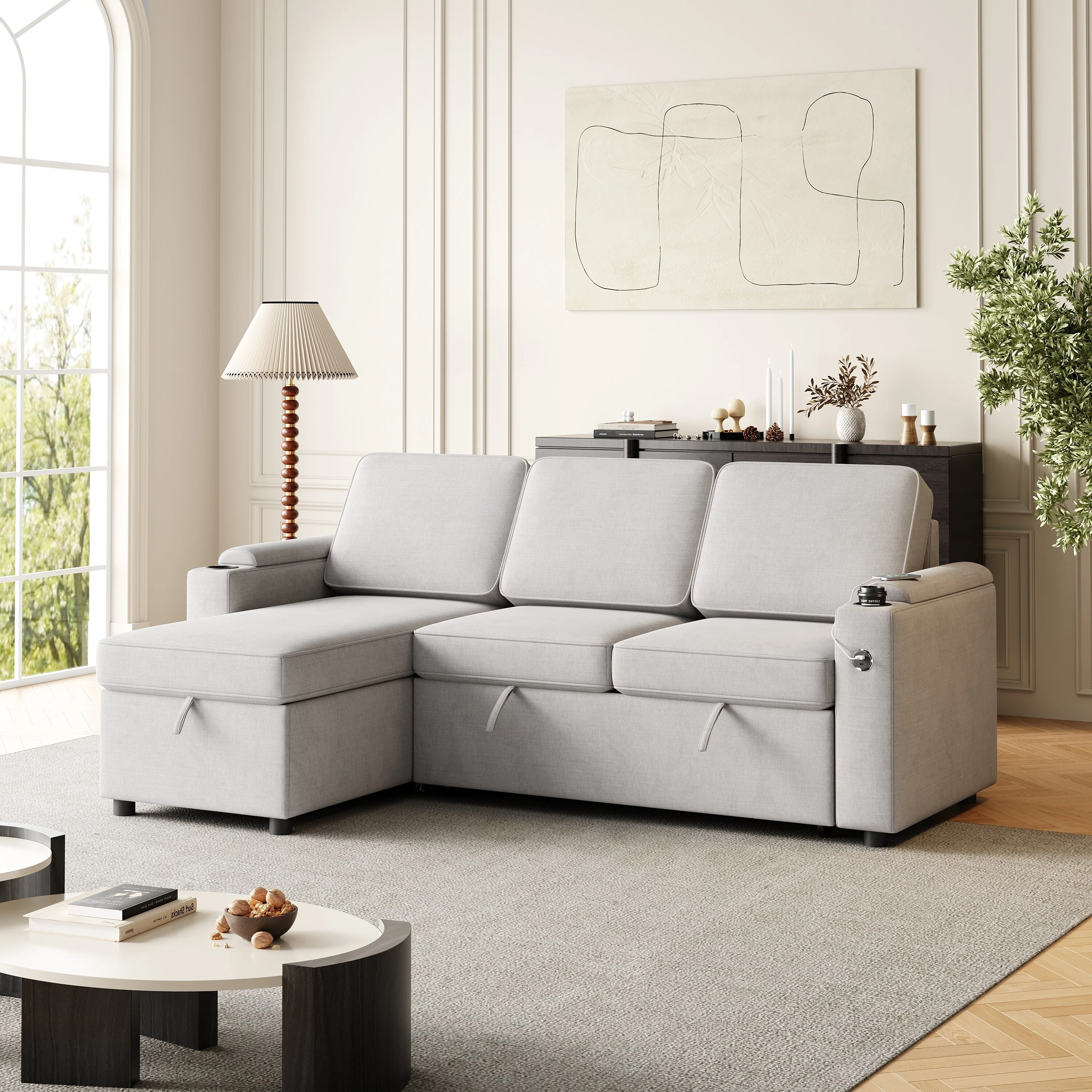 Modern L Shaped Sleeper Sofa with Pull Out Bed and Storage and USB Charging Ports for Apartments or Guest Rooms