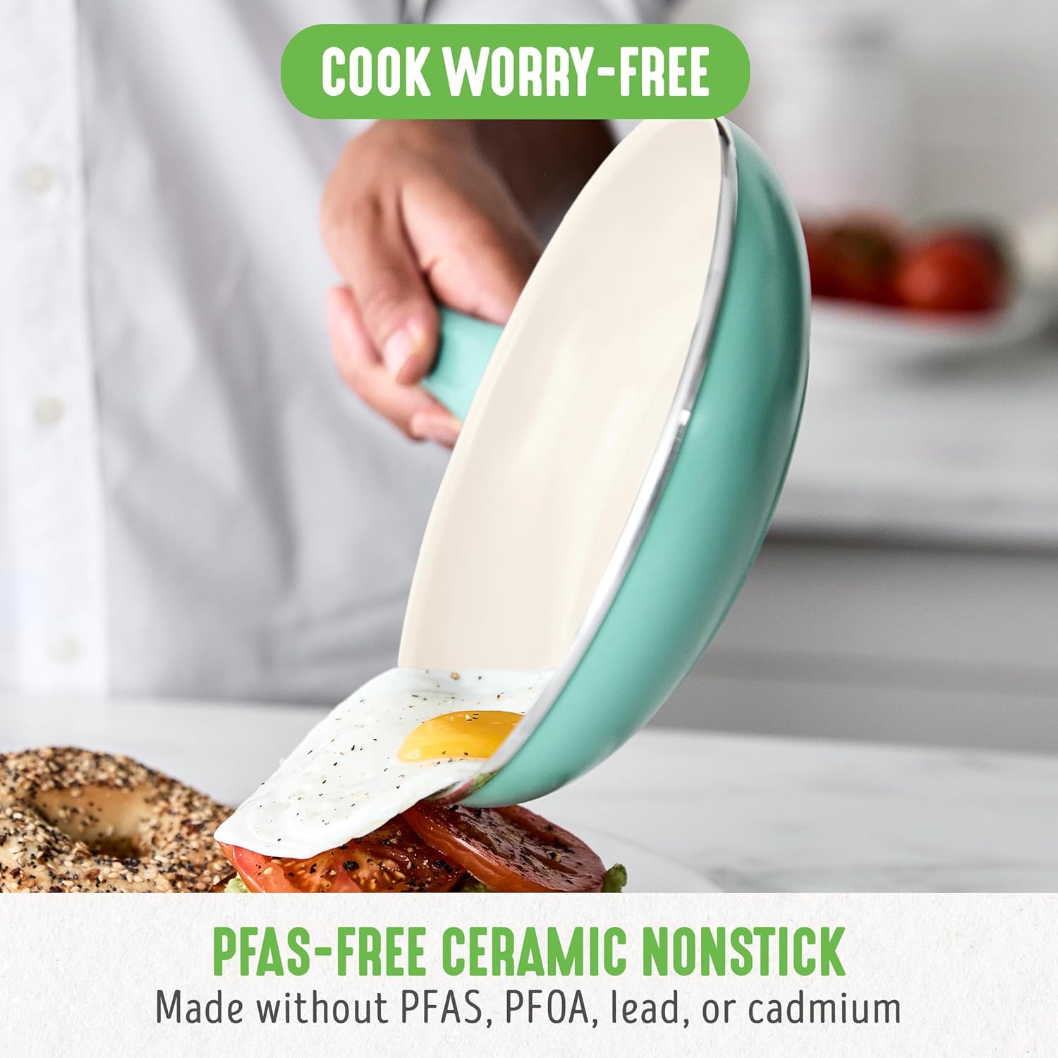 GreenLife Non Stick Fry Pan Set (7 & 10), Non-Toxic PFAS-Free Ceramic Skillets, Dishwasher & Oven Safe, Egg Omelet Frying Pans, Stay- Cool Handles, Kitchen Home Cooking Essentials, Turquoise