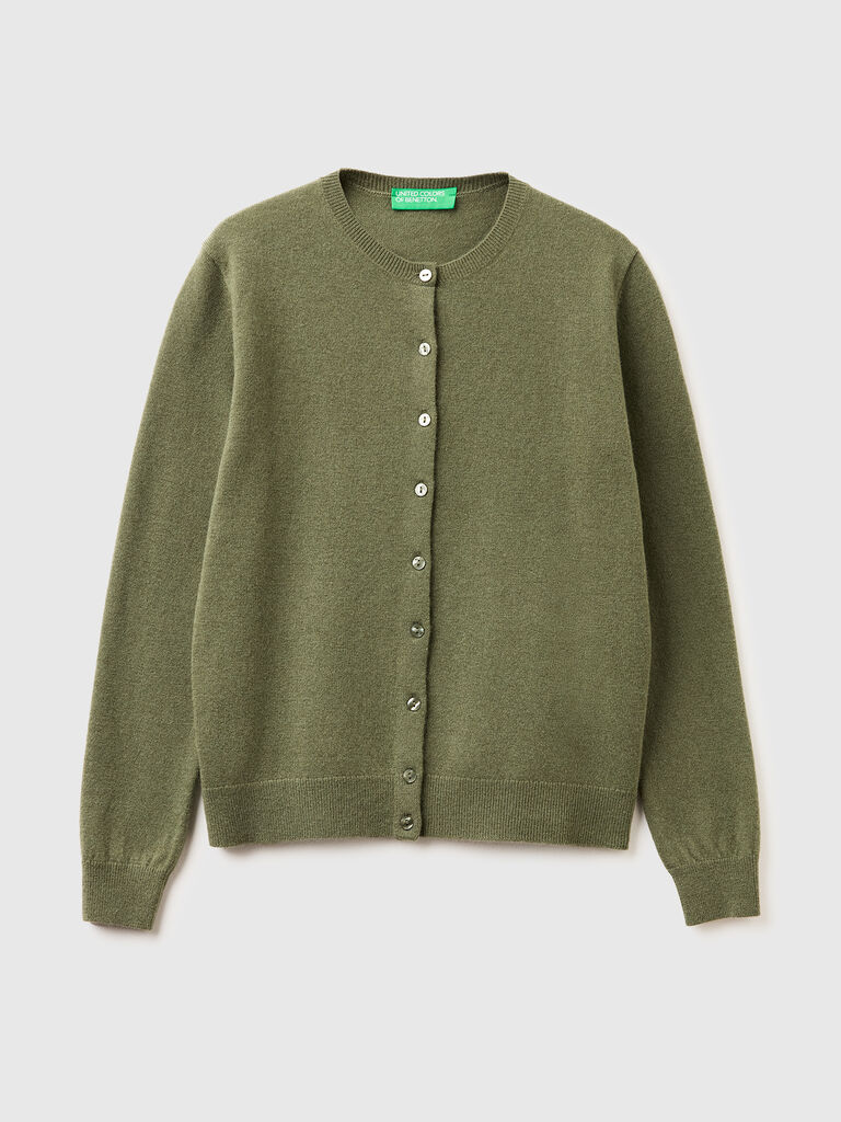 Military green crew neck cardigan in pure Merino wool