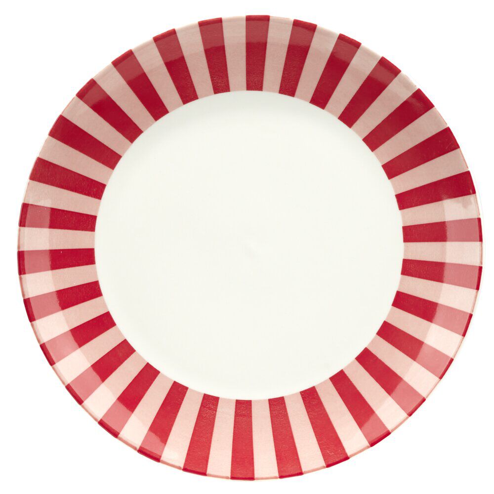 Assiette plate porcelaine motifs noeud et rayures blancs et rouges Ø26,5cm