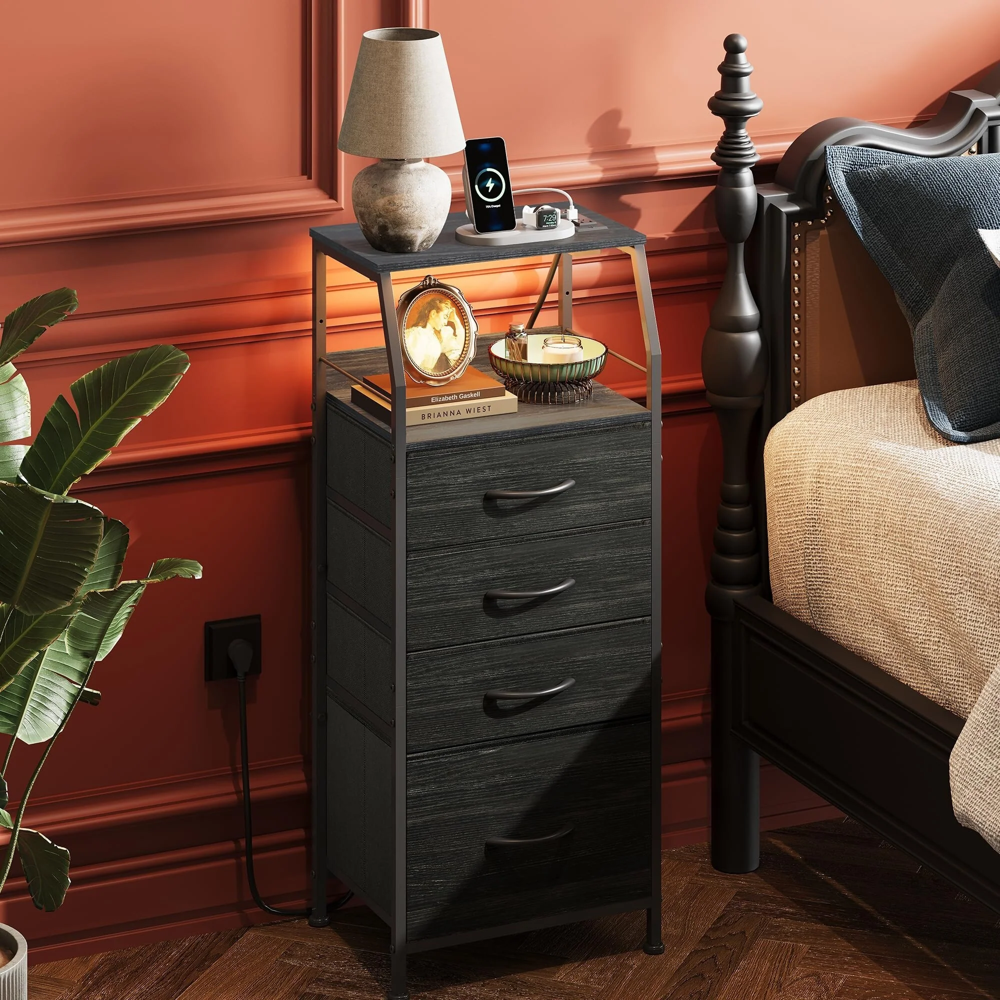 Black Nightstand with Charging Station LED Light 4 Drawer Dresser 37 Inch Fabric Bins Wood Shelf Metal Frame