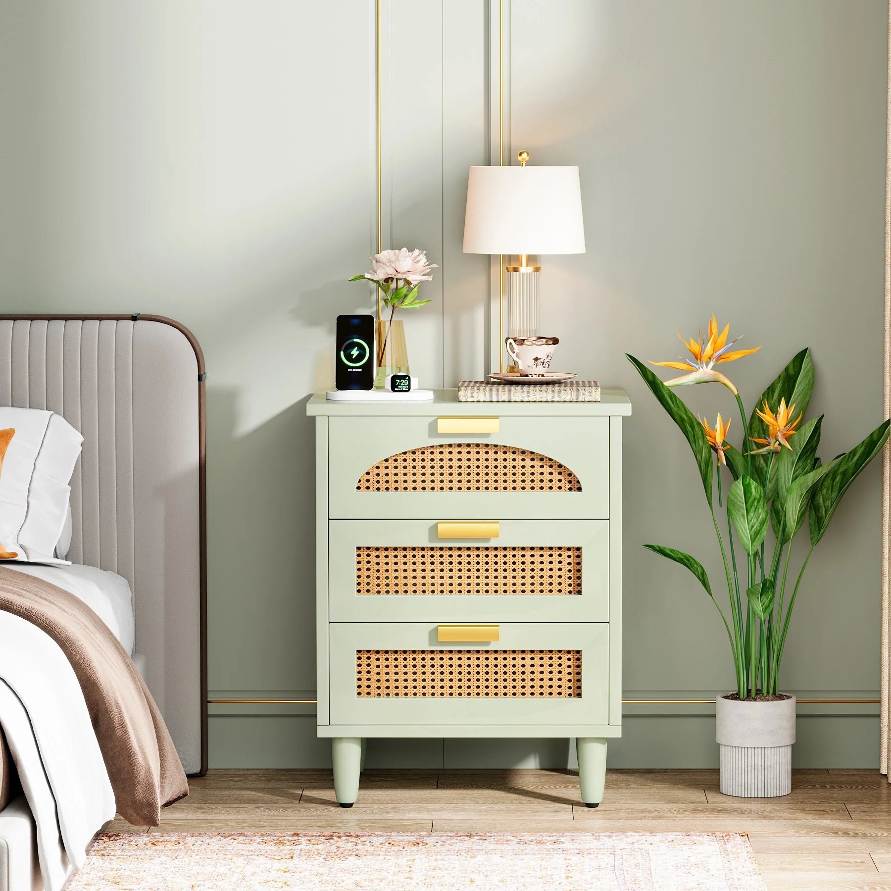 Wood/ Rattan Nightstand Bedside Table with 3-drawer