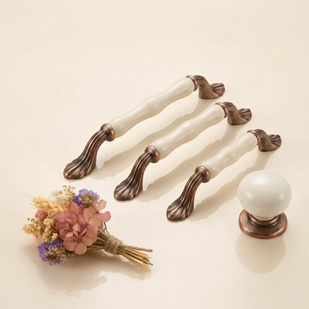 Antique Copper & Cream Porcelain Knob Pull 96-128-160mm Drawer Cabinet Dresser Handles, Decorative Furniture Hardware