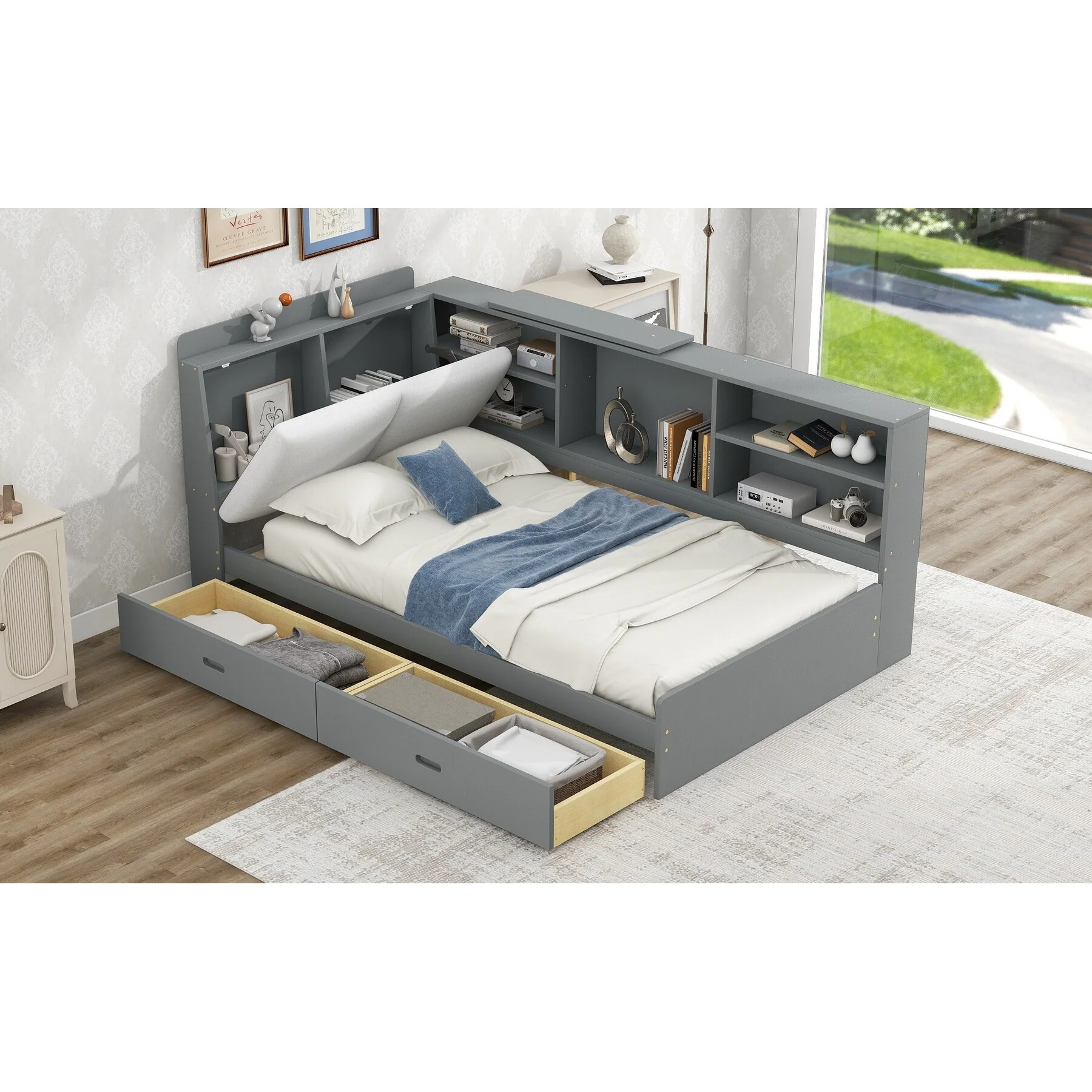 Wood Twin Size platform bed with Storage Headboard, Shelves and 2 Drawers, Gray