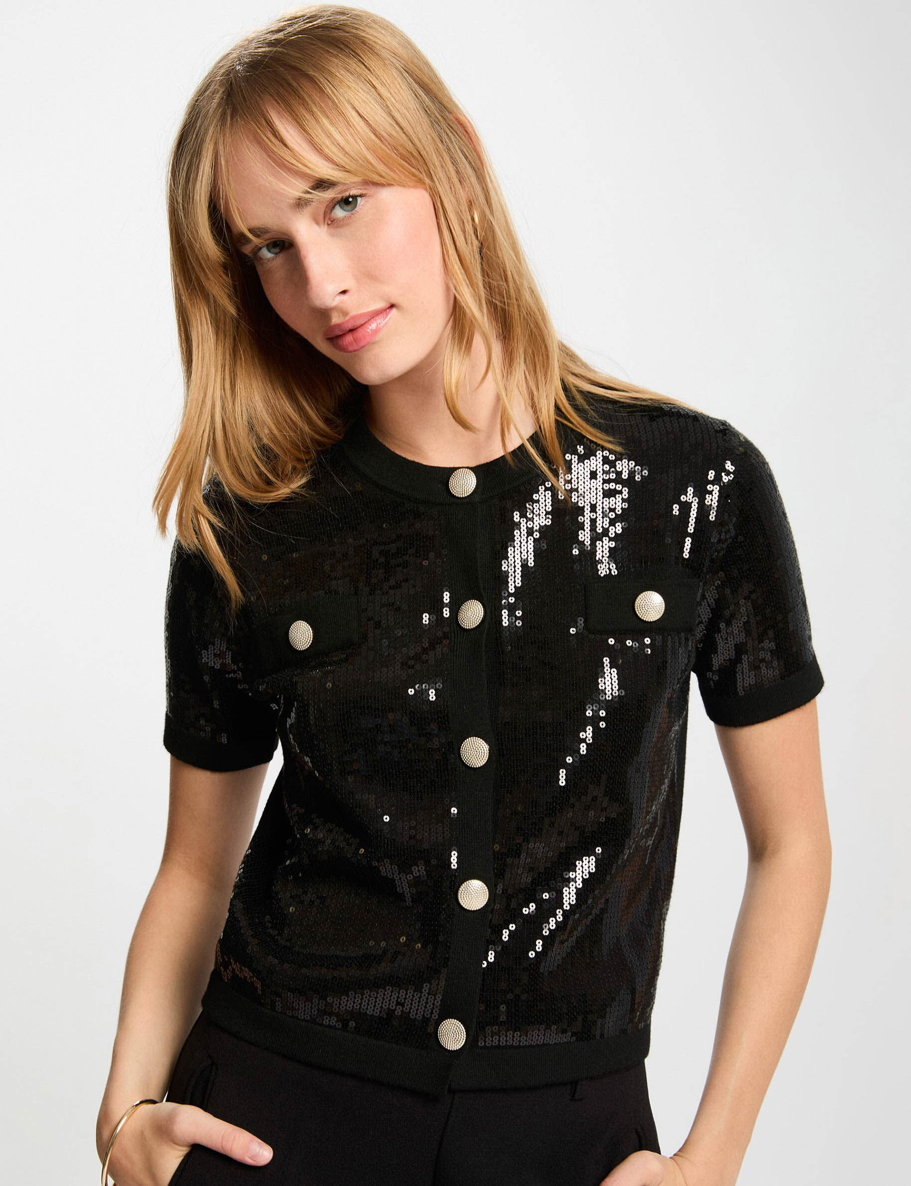 Cardigan Round Neck Sequins Black Women