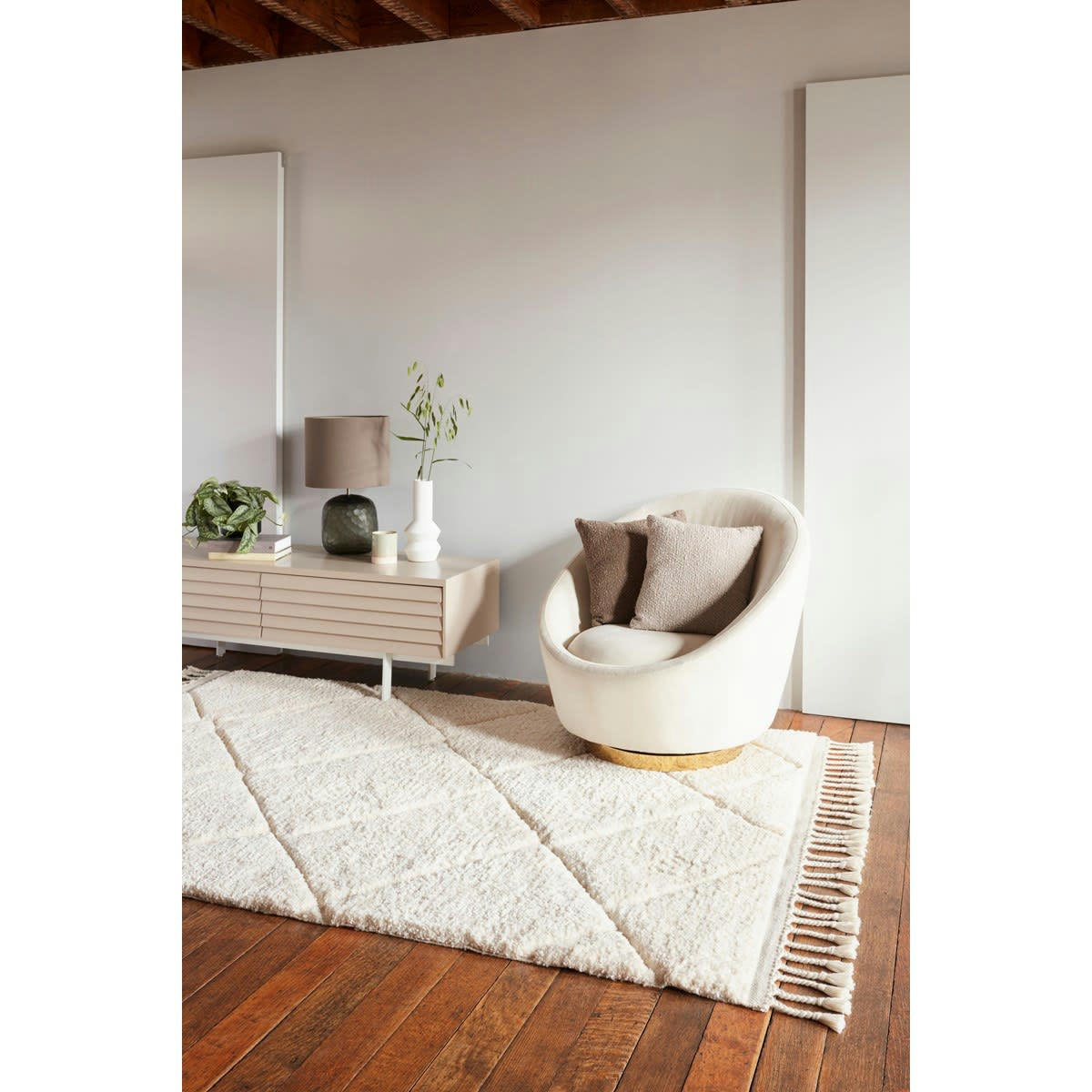 OUJDA - Tapis de salon en microfibre blanc cassé 160x230 cm