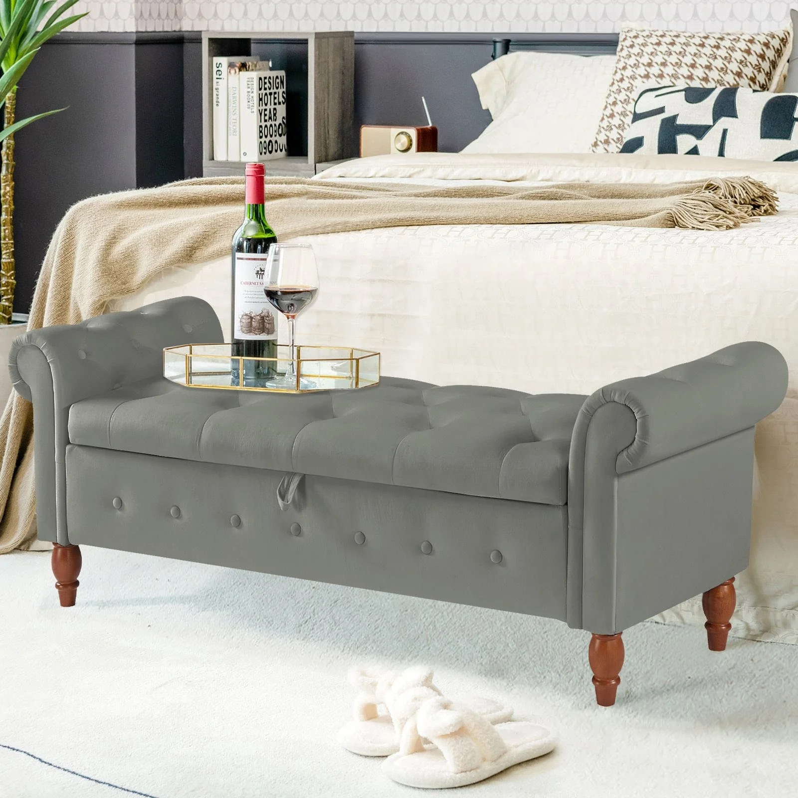 63 Upholstered Storage Bench, Button-Tufted Large Storage Ottoman Bench for Bedroom End of Bed, Rolled Armed Bench