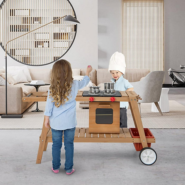 Cuisine d'extérieur evolutive en bois avec roues, parasol, four, boîte de rangement amovible, pour enfant 3  ans, blanc