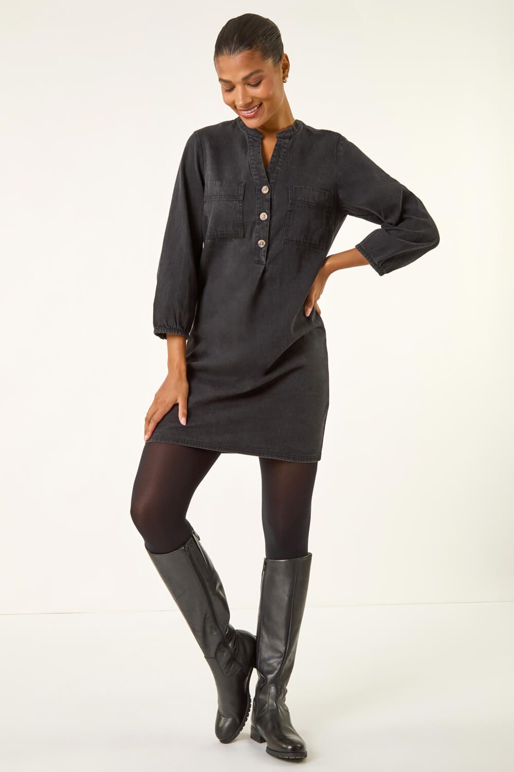 Roman Cotton Denim Button Shift Dress