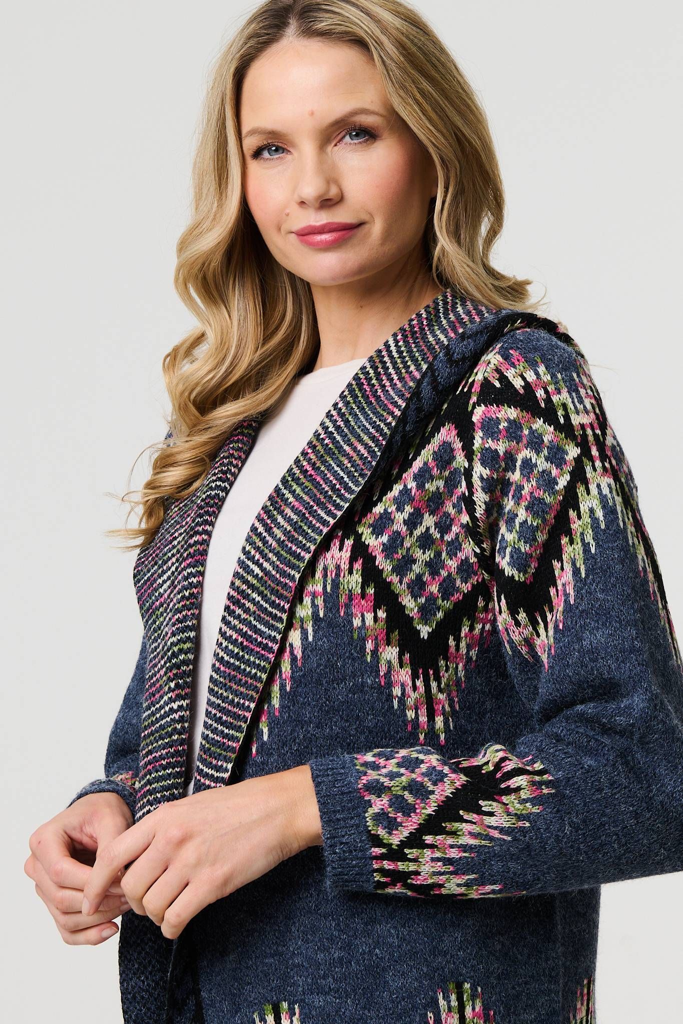Izabel London Aztec Print Longline Hooded Knit Jacket