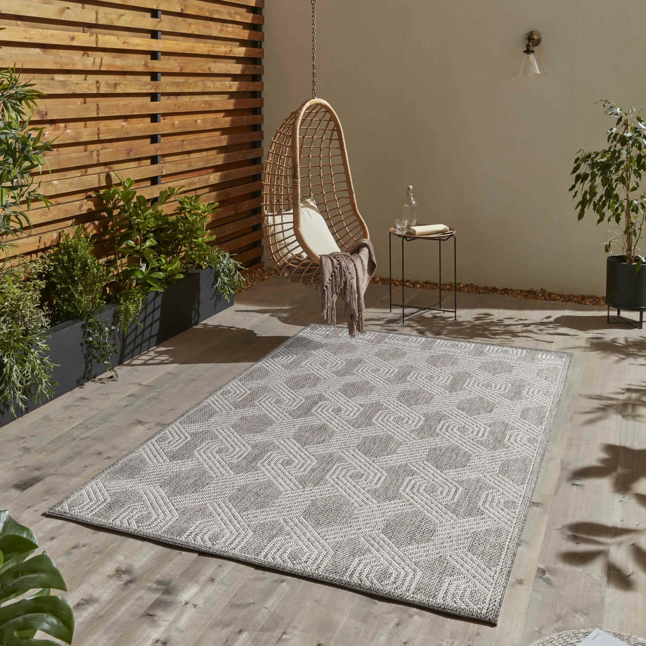 TRESS - Tapis extérieur tissé plat gris et greige 140x200cm