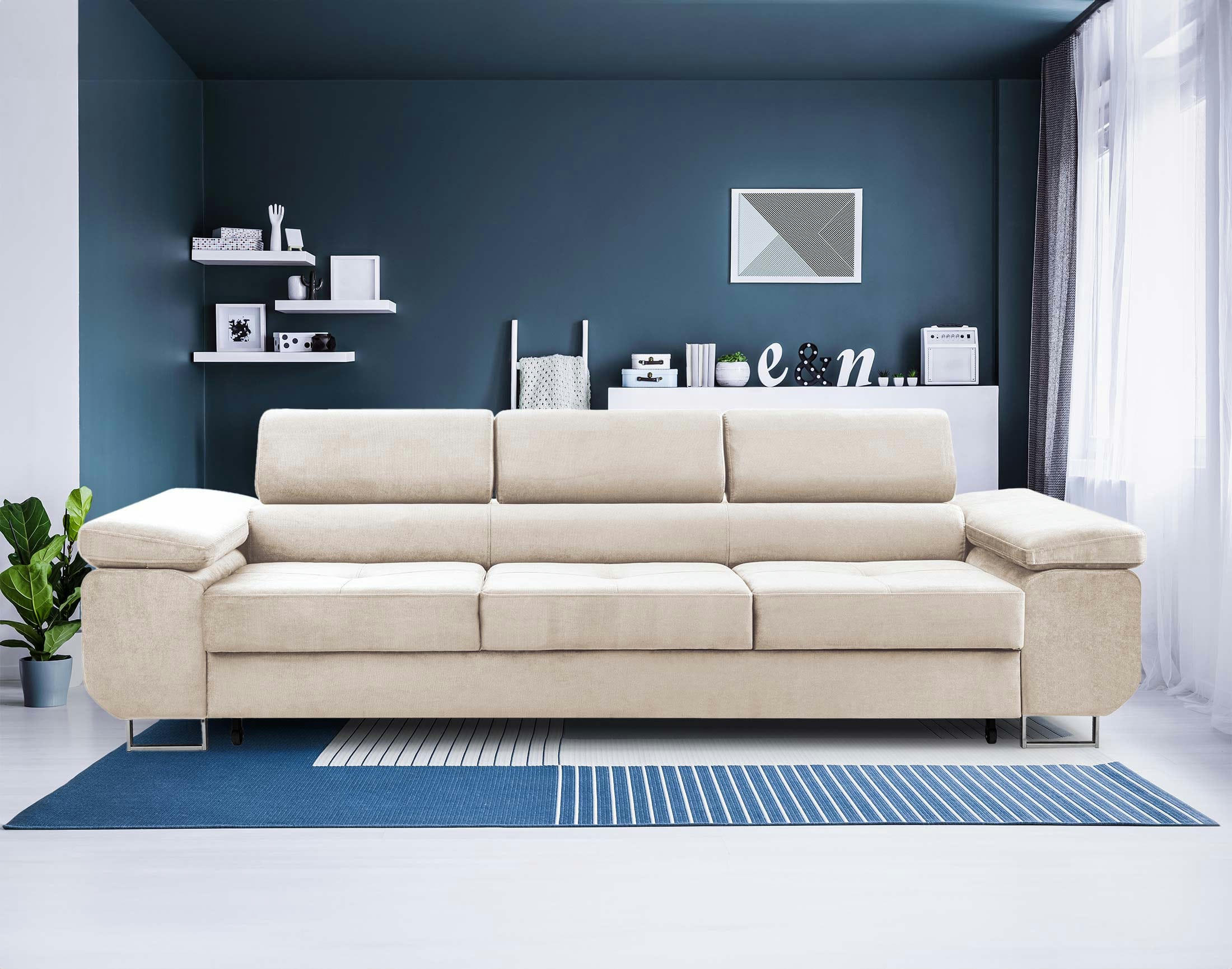 PABLO - Canapé droit convertible 3 places en velours beige