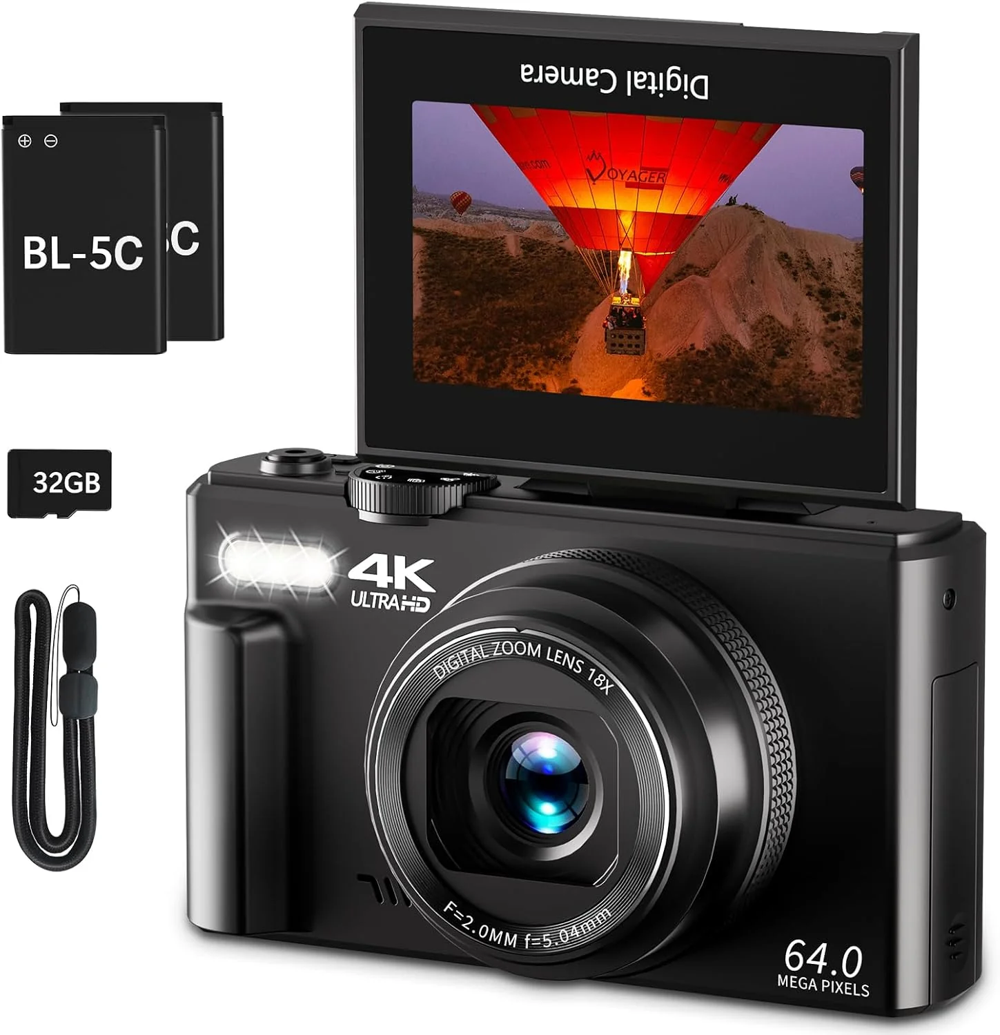 4K Digital Camera for Photography, 64MP Vlogging Camera for YouTube with 3 180�� Flip Screen, 18X Digital Zoom Point and Shoot Camara with 32GB Micro SD Card for Beginner (Black)(YL15-W08-C-Black)