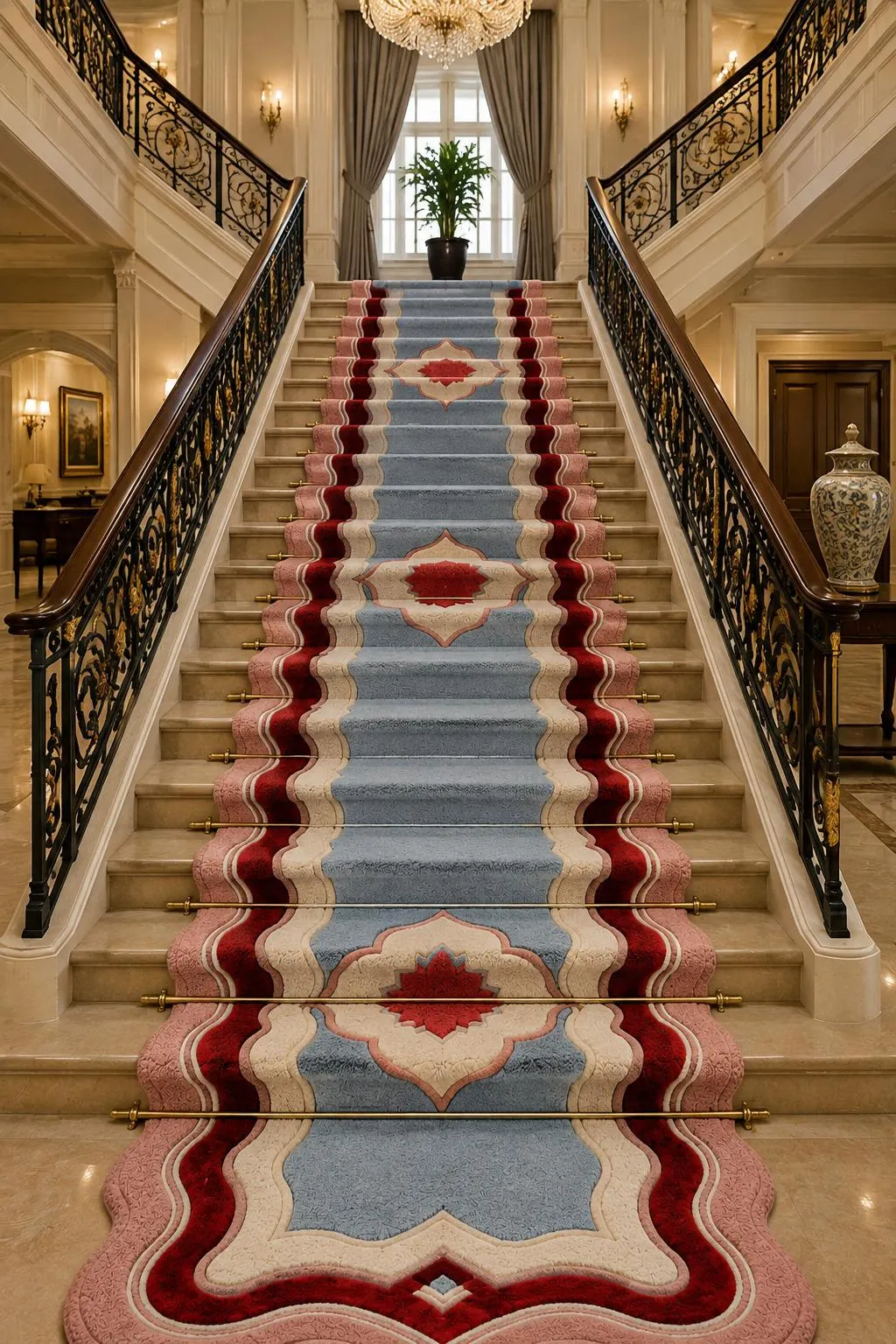 Handmade Tufted Runner Rug, Vintage Floral Area Rug, Blue Red & Blush Wool Rug, Luxury Hallway Runner, Traditional Home Decor