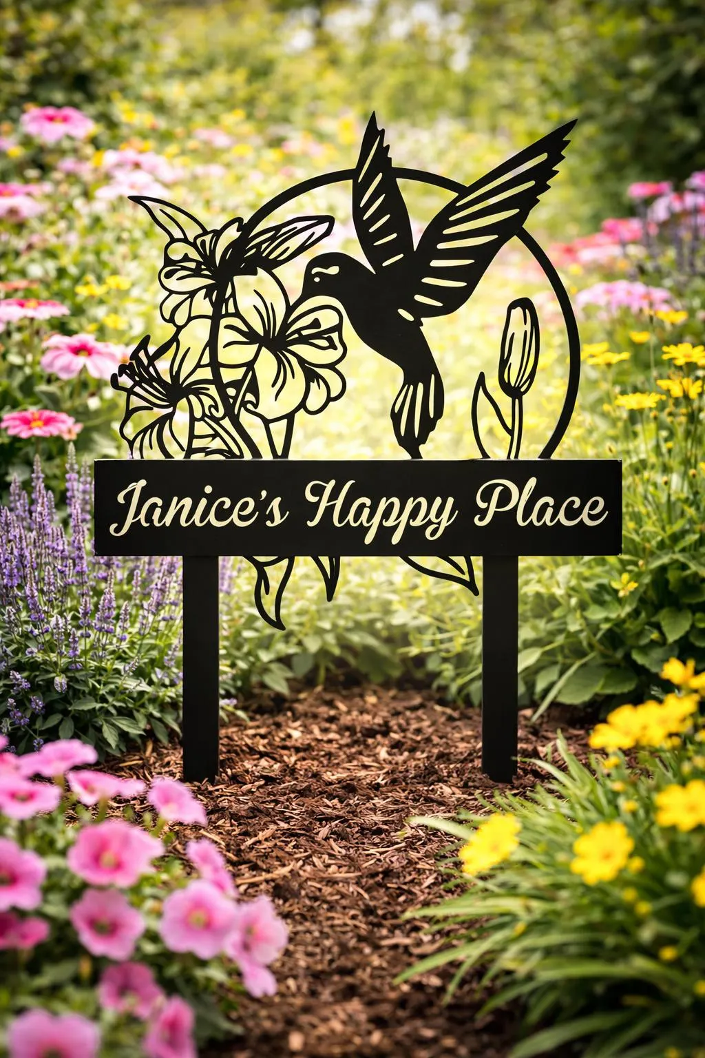 Custom Hummingbird Metal Garden Decor, Bird with Stakes Garden Sign,Flower Design Personalized Garden Sign,Custom Garden Name Sign,Home Gift