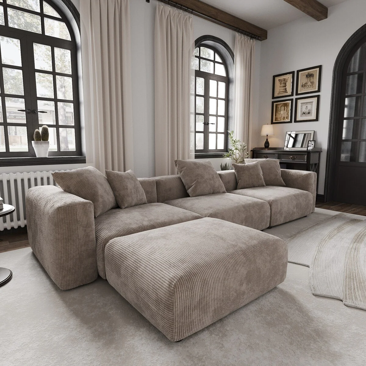 Modern Sectional Couch Sofa with 5 Pillows, Luxurious Modular Sectional Couch with Chaise Ottoman