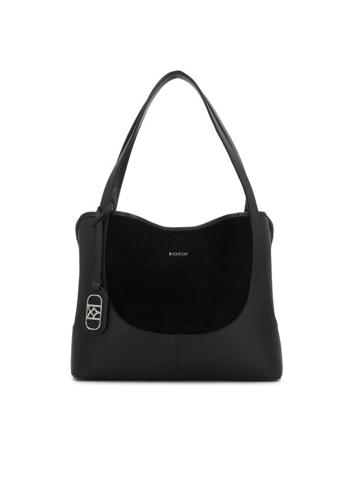 Black natural leather handbag with suede insert