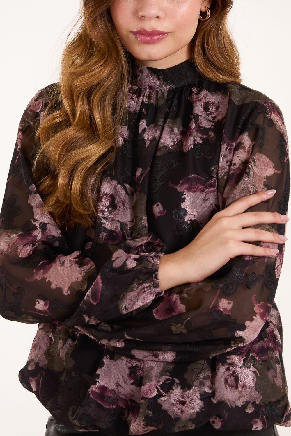 Blue Vanilla High Neck Bubble Hem Floral Blouse