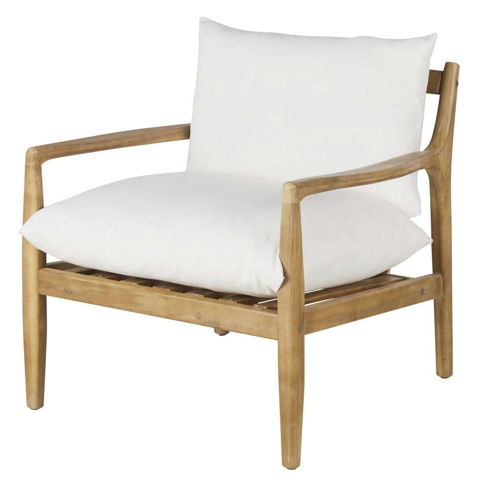 Indiana - Fauteuil en bois d'acacia coussins en coton et lin écrus