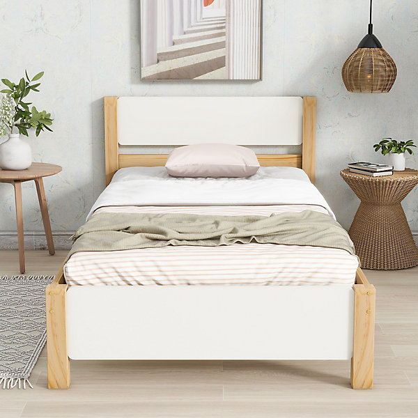Lit Simple 90x200 cm - Lit Ado ou Adulte Sans Matelas - Bois de Pin Massif - Blanc et Naturel