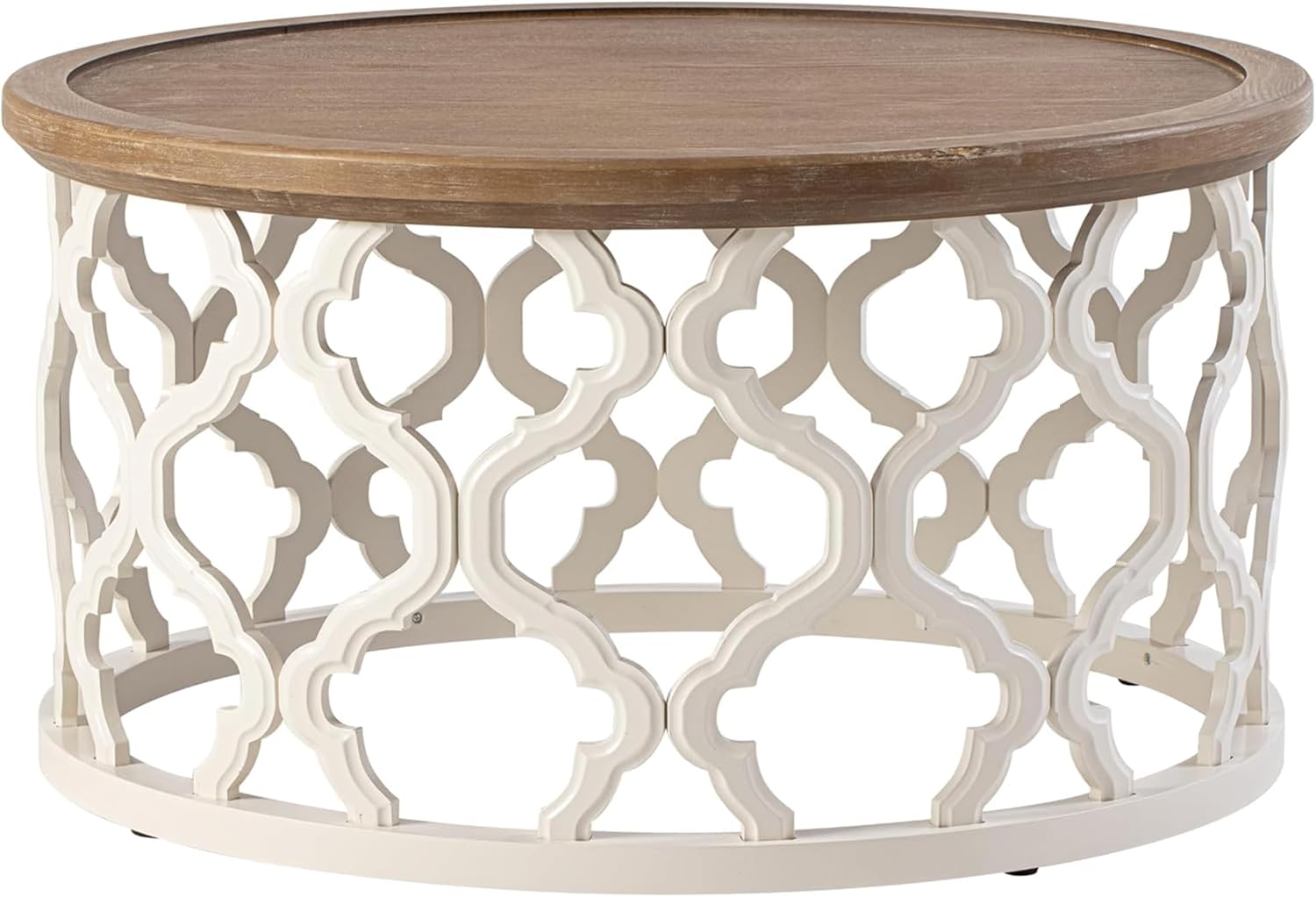COZAYH Farmhouse Round Coffee Table, Distressed Wood Tray Top with Curved Motif Base, Rustic Boho French Country Living Room Table, White