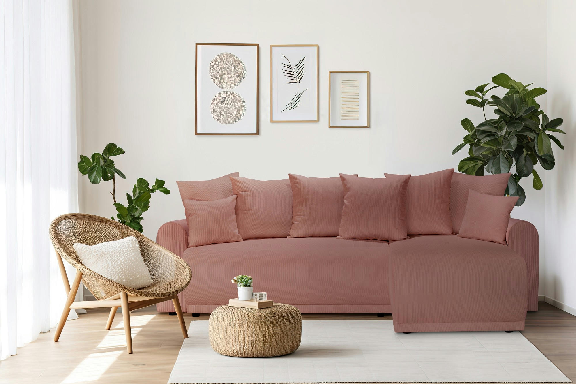 ANGE - Canapé angle convertible 3 places  en velours côtelé terracotta