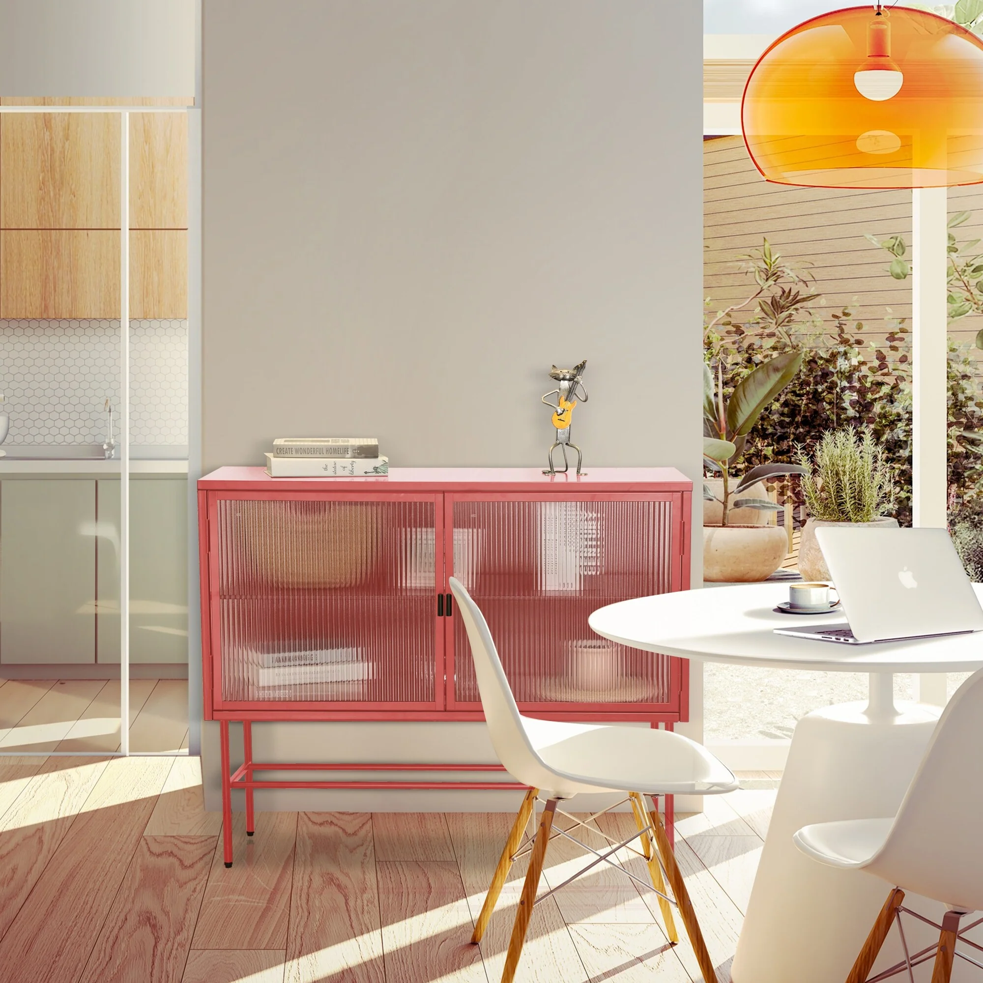 Sideboard Storage Cabinet With Two Fluted Glass Doors Detachable Shelves Bottom Space