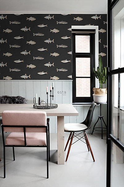 ESTAhome papier peint des poissons noir et gris 50 x 900 cm