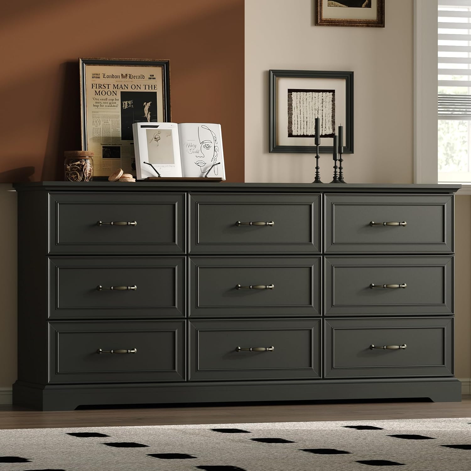 Farmhouse 9 Drawers Dresser for Bedroom, 63 Wide Modern Chest of Drawers with Deep Drawers & Bar Handles, Rustic Wood Dresser TV Stand, Wooden Closet Storage Organizer for Living Room, Hallway, Black