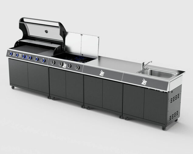 Beefmaster Premium 6 Burner Outdoor Kitchen with Range, Sink & Bench on Classic Carts