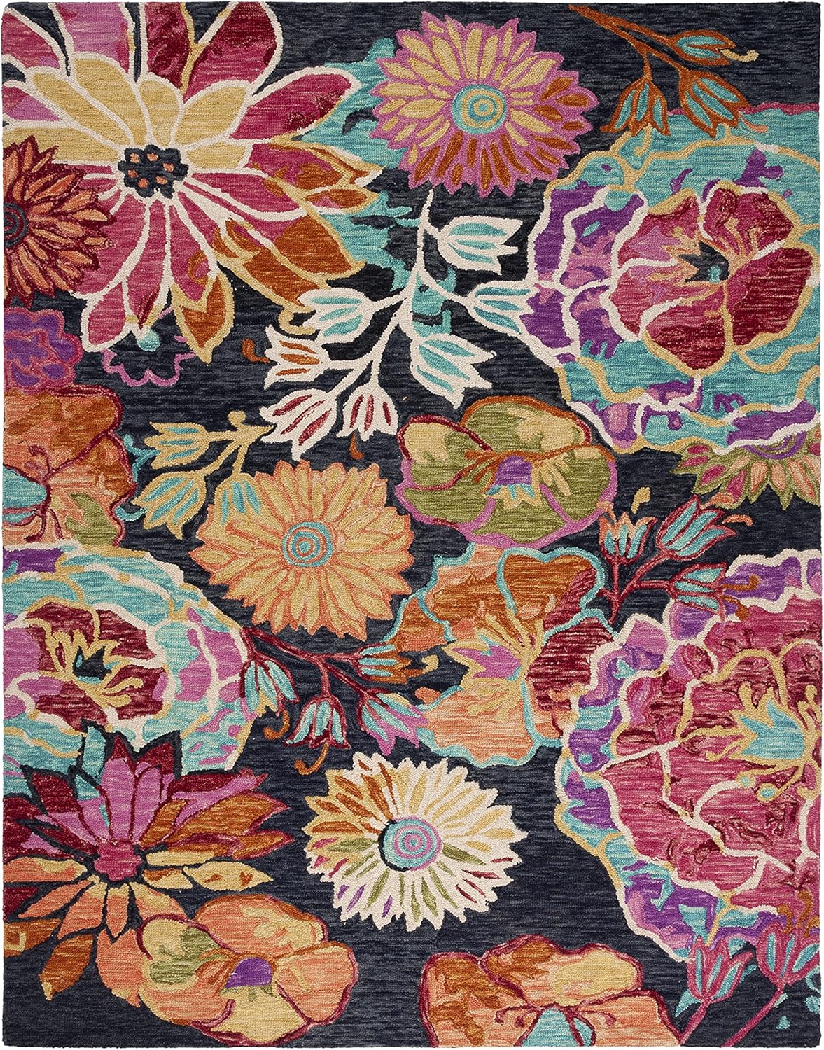 SAFAVIEH Aspen Collection Area Rug - 9' x 12', Charcoal & Blue, Handmade Boho Floral Wool, Ideal for High Traffic Areas in Living Room, Bedroom (APN520H)