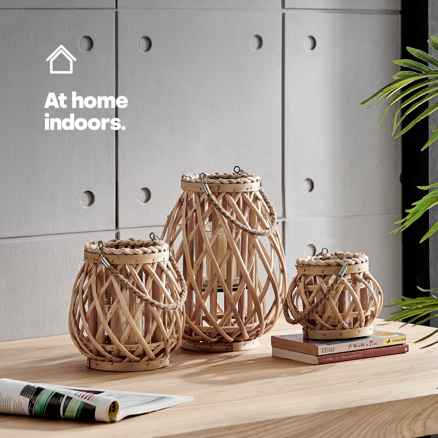 LIVIVO Willow Lanterns Set of 3 Grey Wicker Candle Holders with Rope