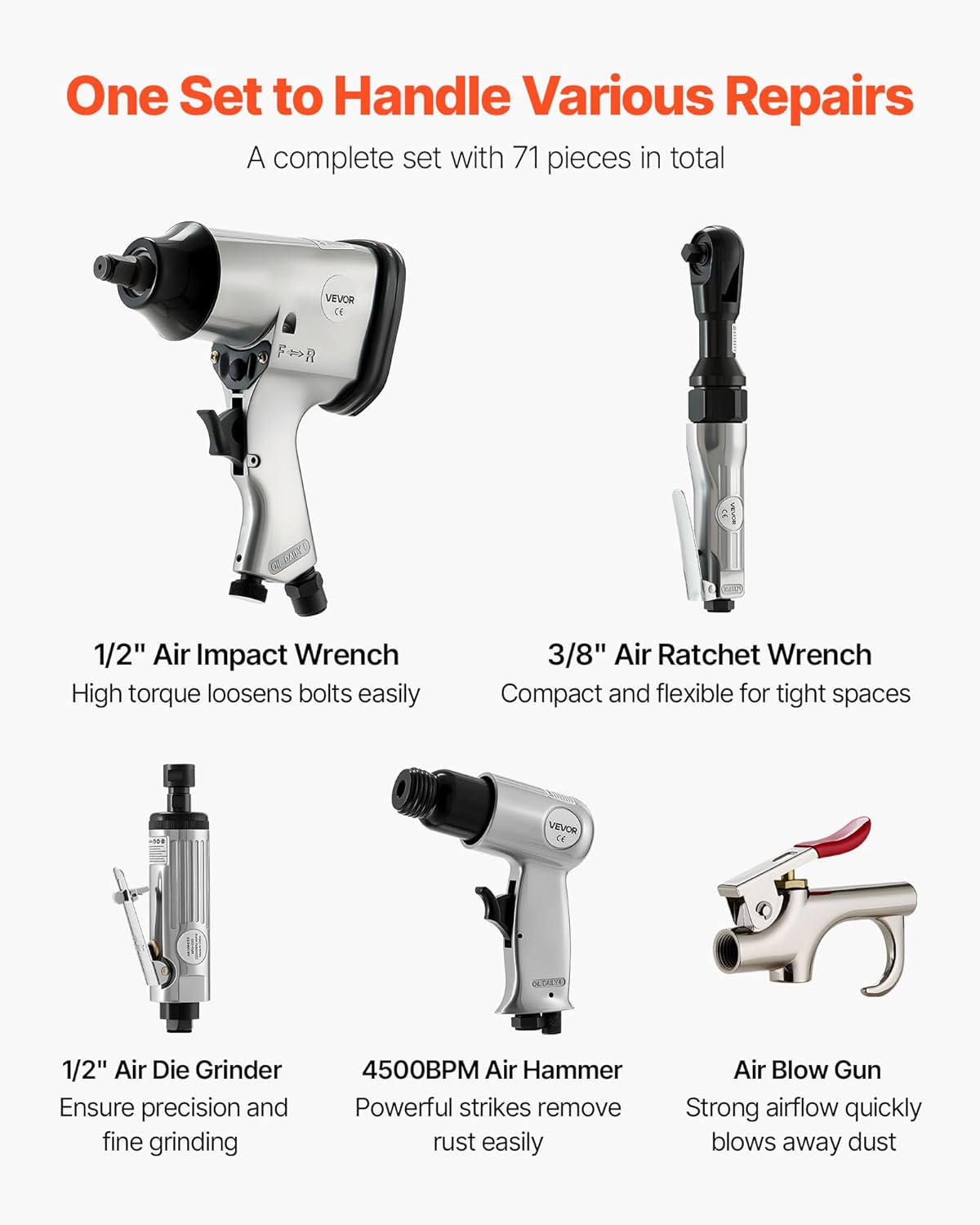 VEVOR 71 Pieces Pro Air Tool and Accessories Kit - 1/2 Air Impact Wrench, 3/8 Ratchet Wrench, 1/2 Die Grinder, 4500BPM Hammer, Blow Gun for Auto Repair, Home DIY Project - Storage Case Included